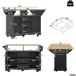 Îlot de Cuisine - desserte de Cuisine Multifonction avec Étagères Réglables et Rangement - MDF Métal - Noir 120x40-80x95 cm