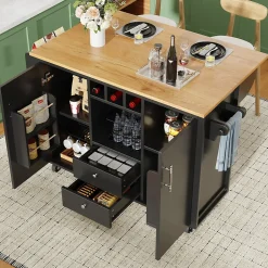 Îlot de cuisine, 120 x 73 x 92 cm, avec plan de travail rabattable, tiroirs et étagères réglables, noir