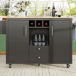 Îlot de cuisine, 120 x 73 x 92 cm, avec plan de travail rabattable, tiroirs et étagères réglables, noir