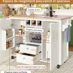 Îlot de cuisine, 120 x 73 x 92 cm, avec plan de travail rabattable, tiroirs et étagères réglables, blanc
