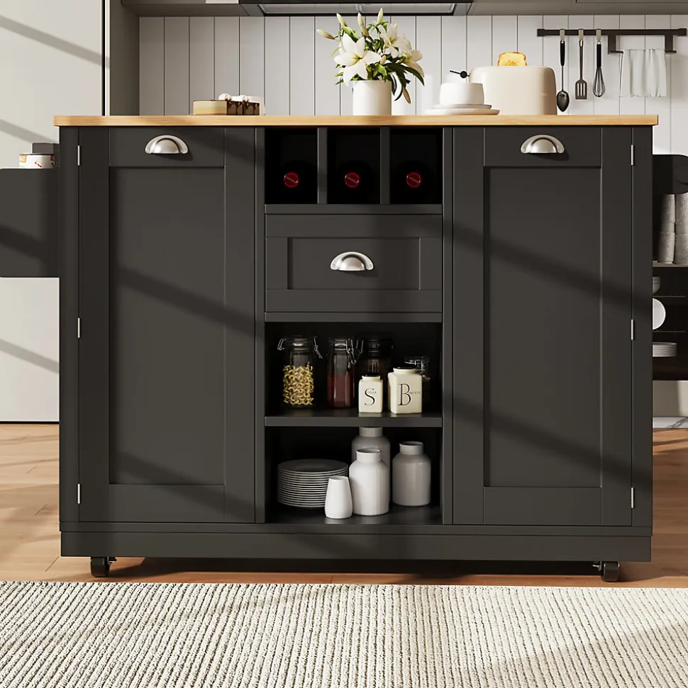 Îlot de cuisine avec parois pliantes et porte-bouteilles, meuble MDF métal, 140x70x93,5 cm noir/naturel