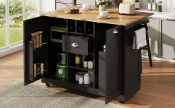 Îlot de cuisine avec parois pliantes et porte-bouteilles, meuble MDF métal, 140x70x93,5 cm noir/naturel