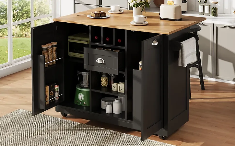 Îlot de cuisine avec parois pliantes et porte-bouteilles, meuble MDF métal, 140x70x93,5 cm noir/naturel