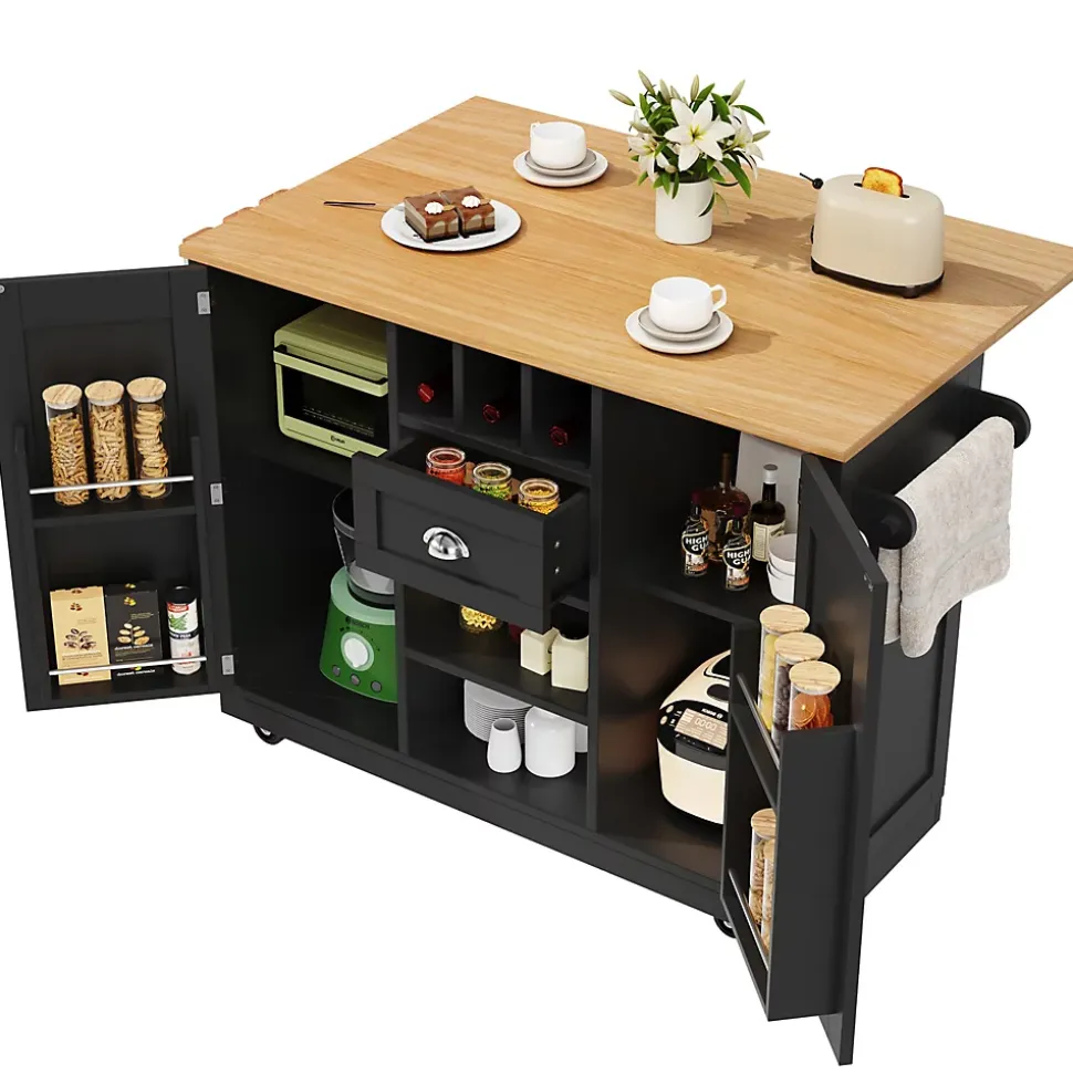 Îlot de cuisine avec parois pliantes et porte-bouteilles, meuble MDF métal, 140x70x93,5 cm noir/naturel