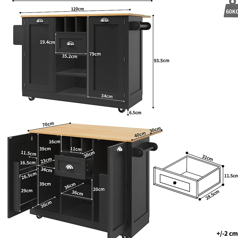 Îlot de cuisine avec parois pliantes et porte-bouteilles, meuble MDF métal, 140x70x93,5 cm noir/naturel
