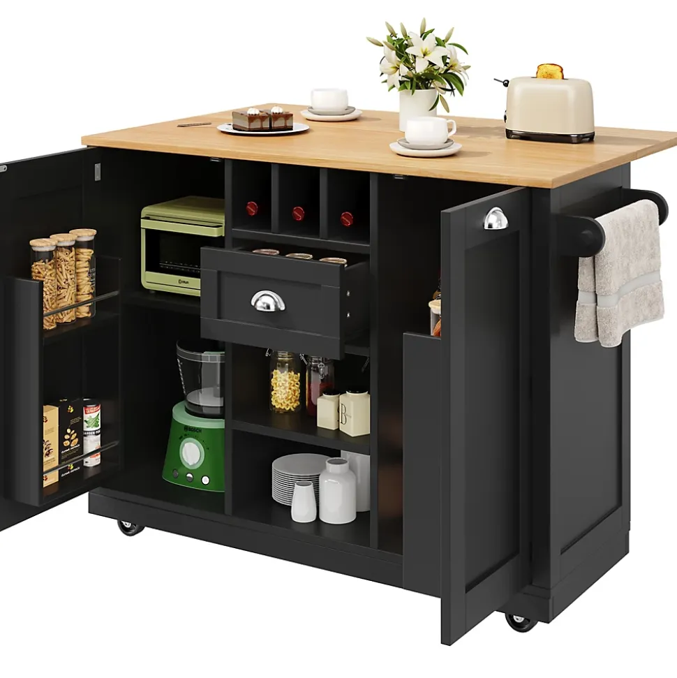 Îlot de cuisine avec parois pliantes et porte-bouteilles, meuble MDF métal, 140x70x93,5 cm noir/naturel