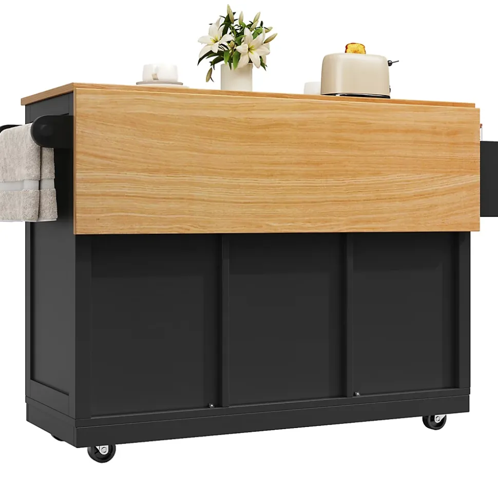 Îlot de cuisine avec parois pliantes et porte-bouteilles, meuble MDF métal, 140x70x93,5 cm noir/naturel