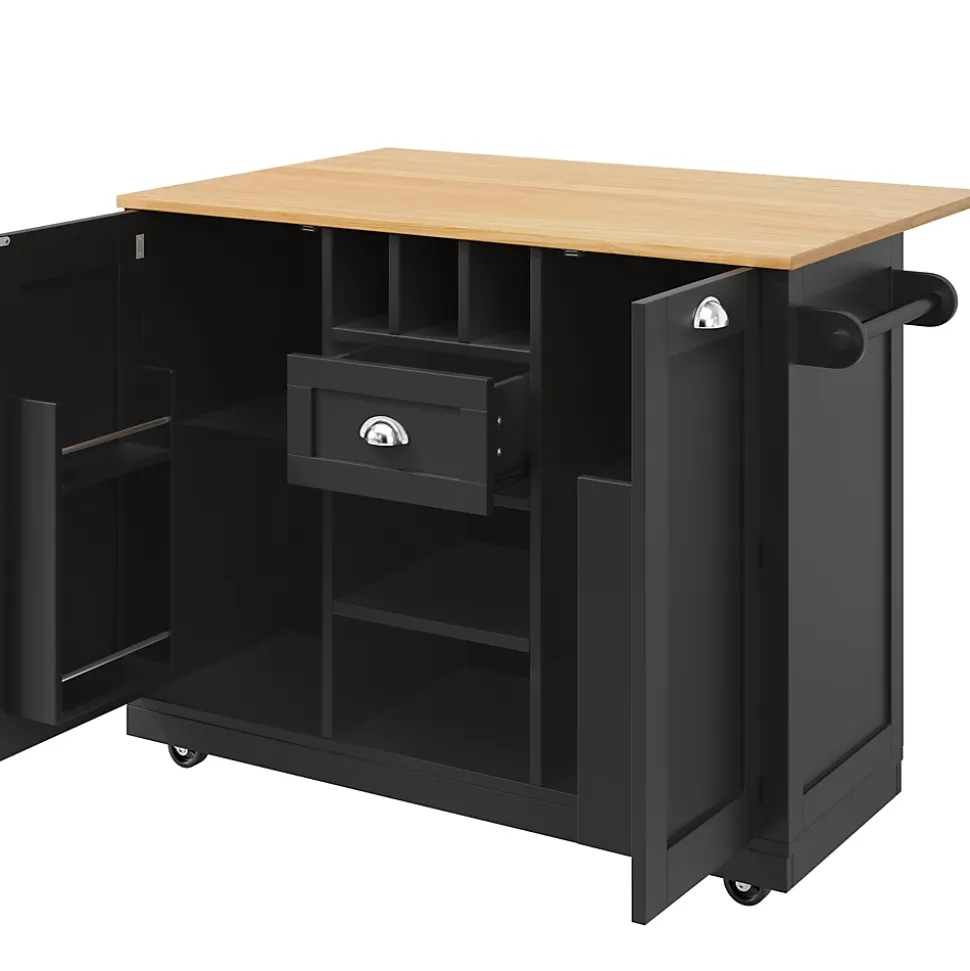 Îlot de cuisine avec parois pliantes et porte-bouteilles, meuble MDF métal, 140x70x93,5 cm noir/naturel