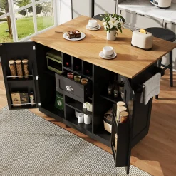 Îlot de cuisine avec parois pliantes et porte-bouteilles, meuble MDF métal, 140x70x93,5 cm noir/naturel