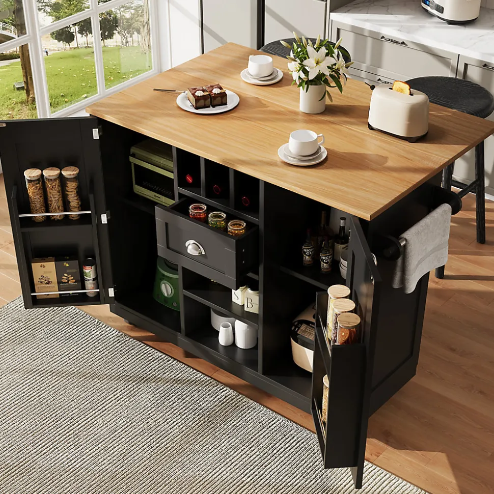 Îlot de cuisine avec parois pliantes et porte-bouteilles, meuble MDF métal, 140x70x93,5 cm noir/naturel