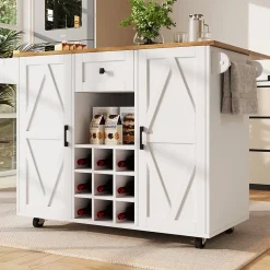 Îlot de cuisine avec plan de travail pliable, étagères réglables, tiroirs et portes doubles, 137,5 x 65 x 95,6 cm, blanc