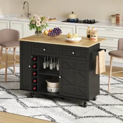 Îlot de Cuisine avec Plateau Pliable, 5 Roulettes Verrouillables, Porte-Bouteilles et Porte-Verres, Noir, 120x45(70)x89 cm