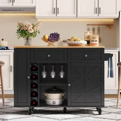 Îlot de Cuisine avec Plateau Pliable, 5 Roulettes Verrouillables, Porte-Bouteilles et Porte-Verres, Noir, 120x45(70)x89 cm