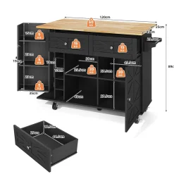 Îlot de Cuisine avec Plateau Pliable, 5 Roulettes Verrouillables, Porte-Bouteilles et Porte-Verres, Noir, 120x45(70)x89 cm