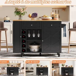 Îlot de Cuisine avec Plateau Pliable, 5 Roulettes Verrouillables, Porte-Bouteilles et Porte-Verres, Noir, 120x45(70)x89 cm
