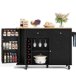 Îlot de Cuisine avec Plateau Pliable, 5 Roulettes Verrouillables, Porte-Bouteilles et Porte-Verres, Noir, 120x45(70)x89 cm