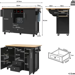 Îlot de cuisine avec rangement, 2 portes, étagères réglables, porte-serviettes et casier à vin, MDF métal, 138x73x92 cm noir