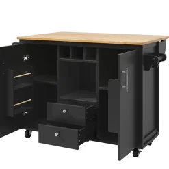 Îlot de cuisine avec rangement, 2 portes, étagères réglables, porte-serviettes et casier à vin, MDF métal, 138x73x92 cm noir