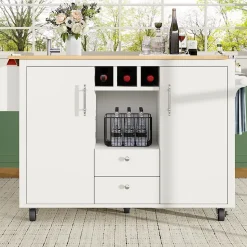 Îlot de cuisine avec rangement, 2 portes, 4 tiroirs, étagère épices porte-serviettes plateau pliant, MDF métal, 138x73x92 cm blanc