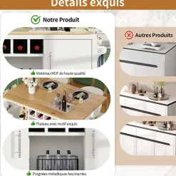 Îlot de cuisine avec rangement, 2 portes, 4 tiroirs, étagère épices porte-serviettes plateau pliant, MDF métal, 138x73x92 cm blanc