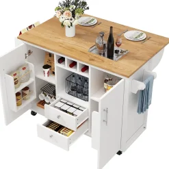 Îlot de cuisine avec rangement, 2 portes, 4 tiroirs, étagère épices porte-serviettes plateau pliant, MDF métal, 138x73x92 cm blanc