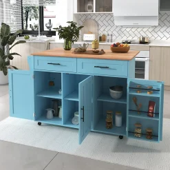 Îlot de Cuisine avec roulettes, 2 tiroirs et plan rabattable, panneau particules+bois massif, 129x71x91,5 cm, bleu