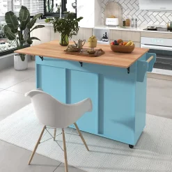 Îlot de Cuisine avec roulettes, 2 tiroirs et plan rabattable, panneau particules+bois massif, 129x71x91,5 cm, bleu