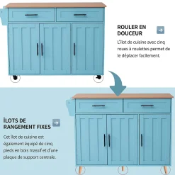 Îlot de Cuisine avec roulettes, 2 tiroirs et plan rabattable, panneau particules+bois massif, 129x71x91,5 cm, bleu