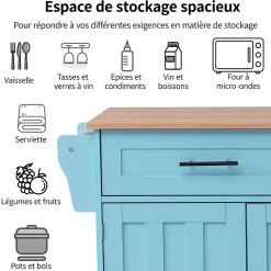 Îlot de Cuisine avec roulettes, 2 tiroirs et plan rabattable, panneau particules+bois massif, 129x71x91,5 cm, bleu