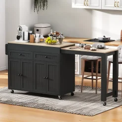 Îlot de Cuisine avec Roulettes, Tiroirs, Plan de Travail et Espace Repas Extensible, Rangement, 112-180,5x45x92,2 cm - MDF Noir