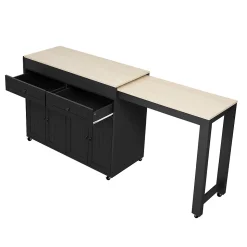 Îlot de Cuisine avec Roulettes, Tiroirs, Plan de Travail et Espace Repas Extensible, Rangement, 112-180,5x45x92,2 cm - MDF Noir