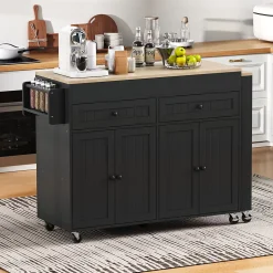 Îlot de Cuisine avec Roulettes, Tiroirs, Plan de Travail et Espace Repas Extensible, Rangement, 112-180,5x45x92,2 cm - MDF Noir