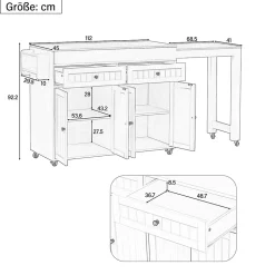 Îlot de Cuisine avec Roulettes, Tiroirs, Plan de Travail et Espace Repas Extensible, Rangement, 112-180,5x45x92,2 cm - MDF Noir