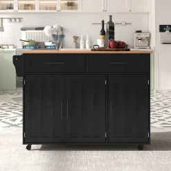 Îlot de Cuisine avec roulettes, 2 tiroirs et plan rabattable, panneau particules+bois massif, 129x71x91,5 cm, noir