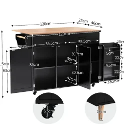 Îlot de Cuisine avec roulettes, 2 tiroirs et plan rabattable, panneau particules+bois massif, 129x71x91,5 cm, noir