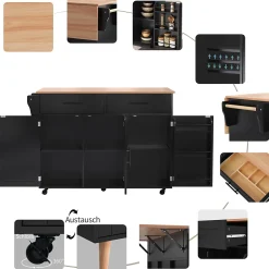 Îlot de Cuisine avec roulettes, 2 tiroirs et plan rabattable, panneau particules+bois massif, 129x71x91,5 cm, noir