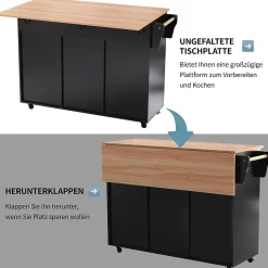 Îlot de Cuisine avec roulettes, 2 tiroirs et plan rabattable, panneau particules+bois massif, 129x71x91,5 cm, noir
