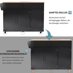Îlot de Cuisine avec roulettes, 2 tiroirs et plan rabattable, panneau particules+bois massif, 129x71x91,5 cm, noir