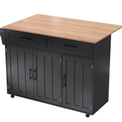 Îlot de Cuisine avec roulettes, 2 tiroirs et plan rabattable, panneau particules+bois massif, 129x71x91,5 cm, noir
