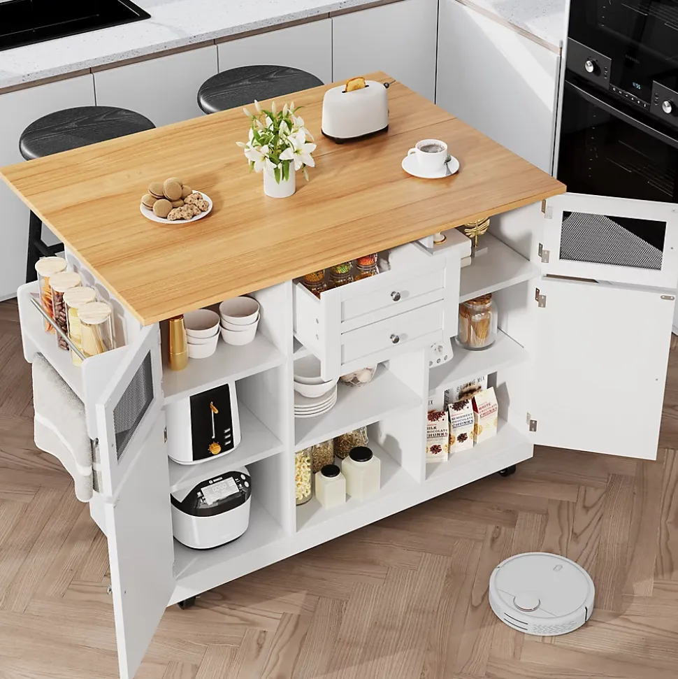 Îlot de cuisine avec séparateurs ajustables et porte-torchons, desserte MDF métal, 140x70x93,5 cm blanc/naturel