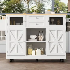 Îlot de cuisine avec séparateurs ajustables et porte-torchons, desserte MDF métal, 140x70x93,5 cm blanc/naturel