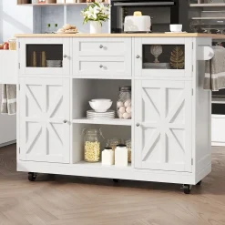 Îlot de cuisine avec séparateurs ajustables et porte-torchons, desserte MDF métal, 140x70x93,5 cm blanc/naturel