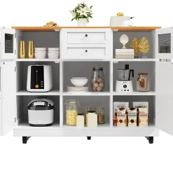 Îlot de cuisine avec séparateurs ajustables et porte-torchons, desserte MDF métal, 140x70x93,5 cm blanc/naturel