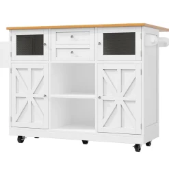 Îlot de cuisine avec séparateurs ajustables et porte-torchons, desserte MDF métal, 140x70x93,5 cm blanc/naturel