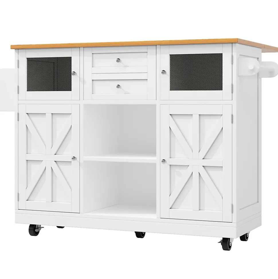 Îlot de cuisine avec séparateurs ajustables et porte-torchons, desserte MDF métal, 140x70x93,5 cm blanc/naturel