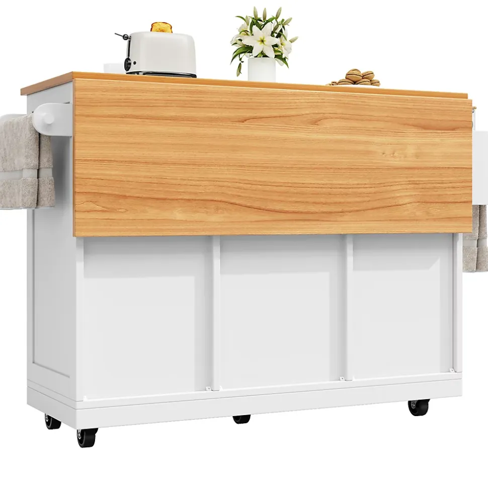 Îlot de cuisine avec séparateurs ajustables et porte-torchons, desserte MDF métal, 140x70x93,5 cm blanc/naturel