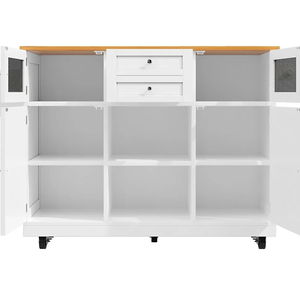 Îlot de cuisine avec séparateurs ajustables et porte-torchons, desserte MDF métal, 140x70x93,5 cm blanc/naturel