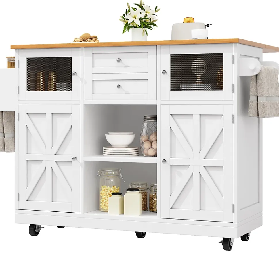 Îlot de cuisine avec séparateurs ajustables et porte-torchons, desserte MDF métal, 140x70x93,5 cm blanc/naturel