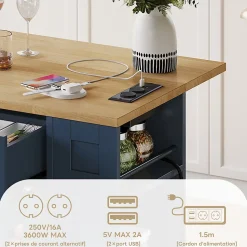 Îlot de Cuisine avec Table Pliante et Prises Électriques, Ports USB, Étagères Réglables - MDF Bleu et Naturel, 120x65-90x92 cm