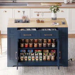 Îlot de Cuisine avec Table Pliante et Prises Électriques, Ports USB, Étagères Réglables - MDF Bleu et Naturel, 120x65-90x92 cm